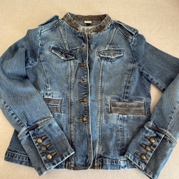 Michael Kors Womens Military Denim Jacket Blue Medium Wash Button Up Coat Size M - Picture 6 of 16